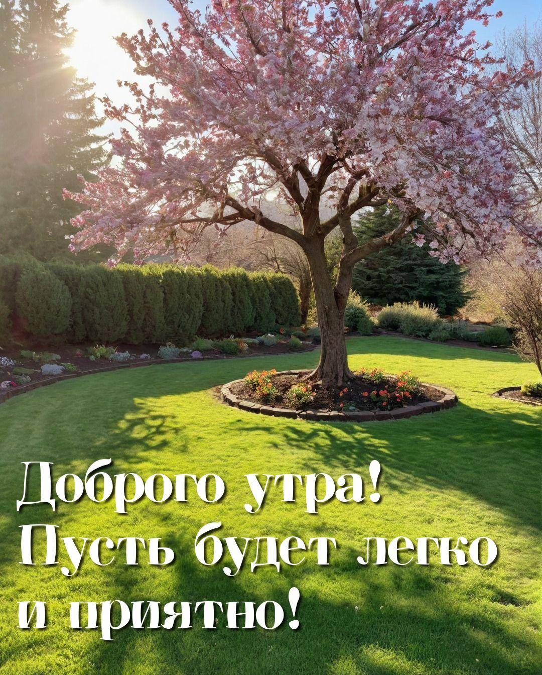 Утро, прекрасный сад с зелёной травой и цветущим деревом