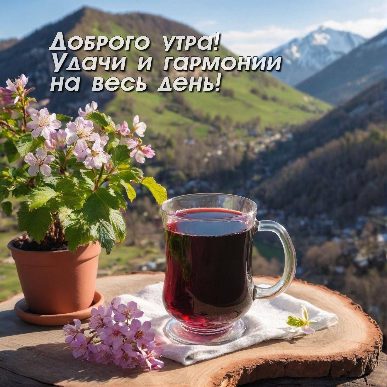Утро, прозрачная кружка с красной жидкостью и цветы на фоне гор