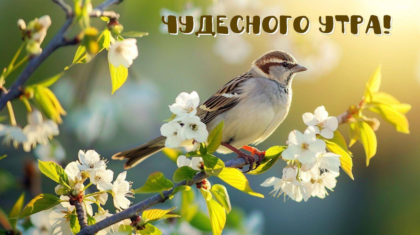 Утро, птичка на ветке с белыми цветами и листьями