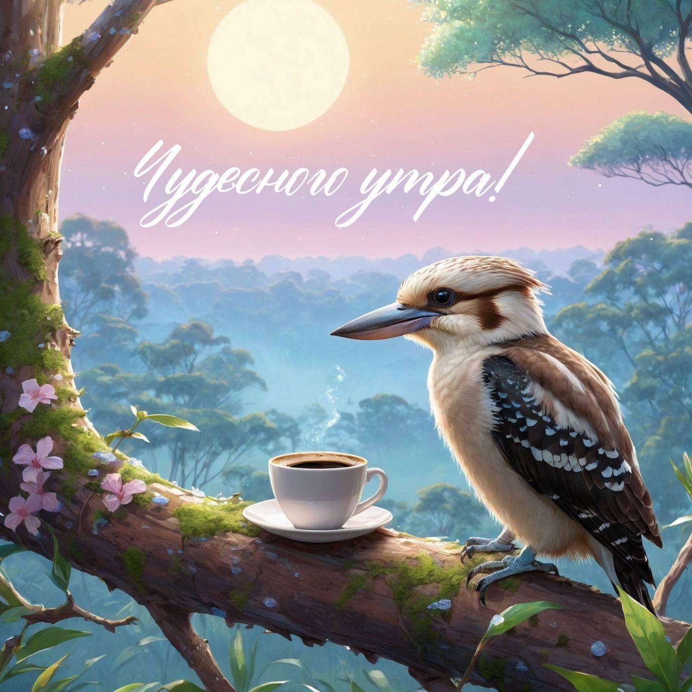 Утро, птичка на ветке с чашкой кофе, лес и закат