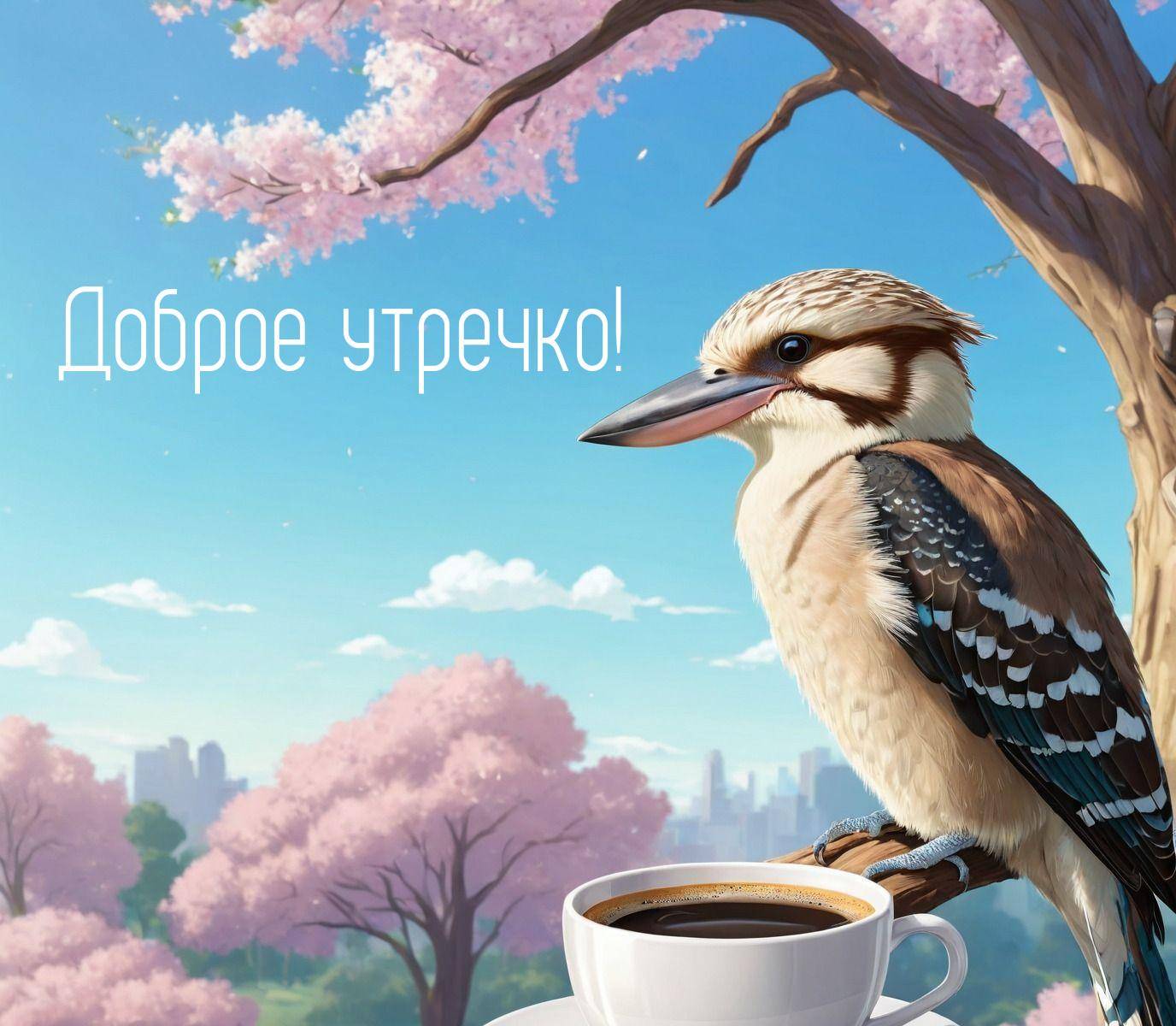 Утро, птица на ветке, чашка кофе на переднем плане