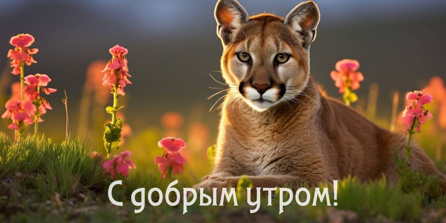 Утро, пума лежит на траве среди розовых цветов