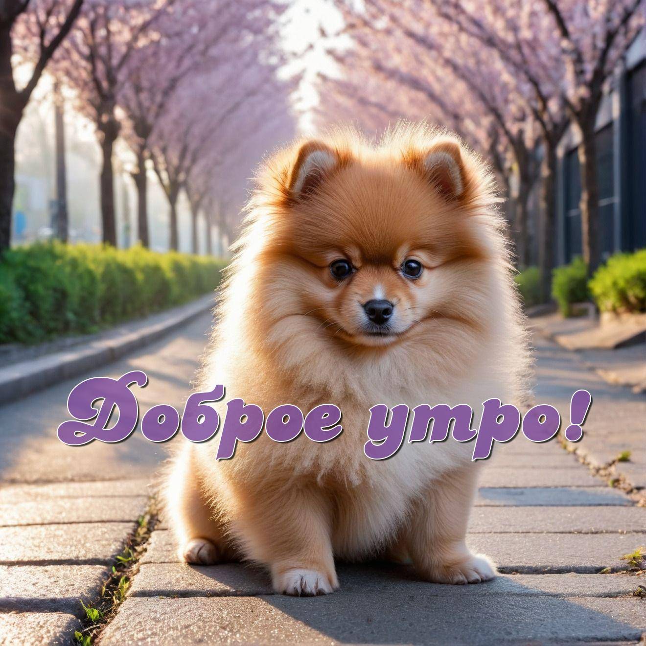 Утро, пушистая собака на тротуаре среди цветущих деревьев