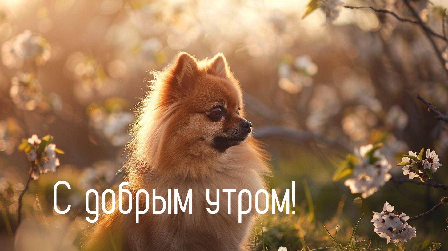 Утро, пушистая собака среди цветущих деревьев