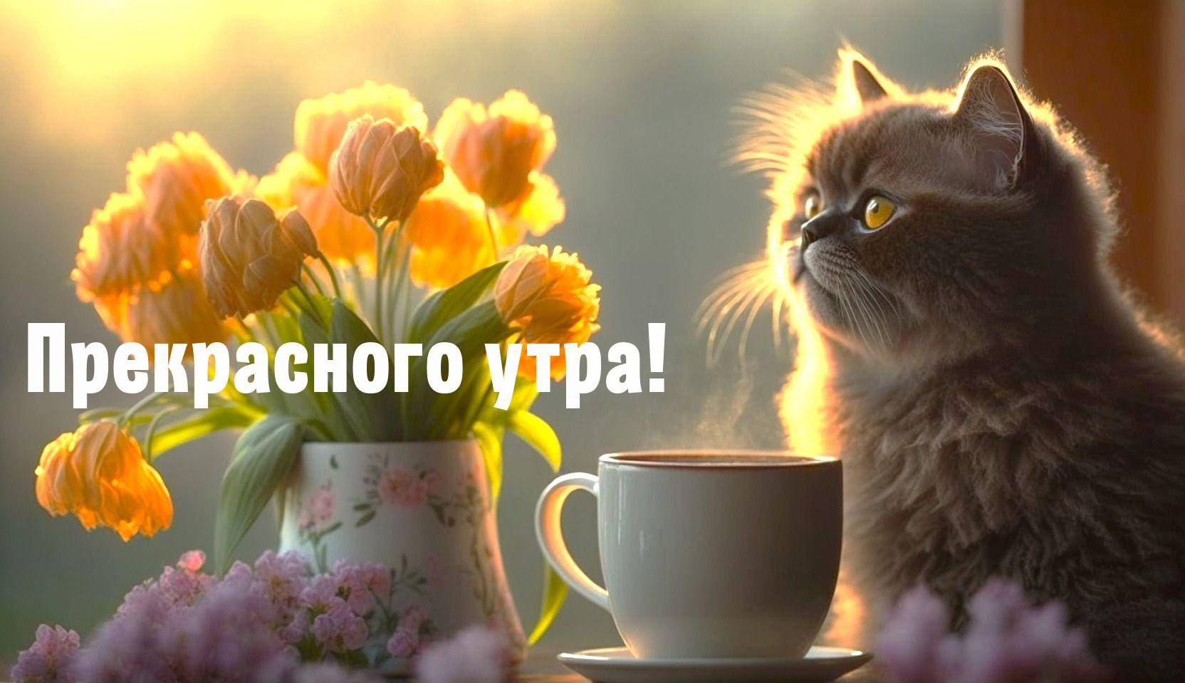 Утро, пушистый кот с чашкой горячего напитка