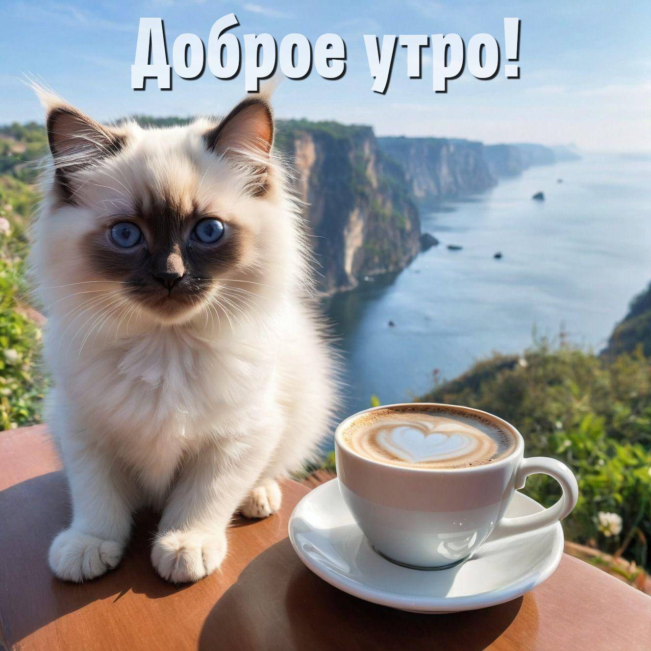 Утро, пушистый котенок с чашкой кофе и видом на море