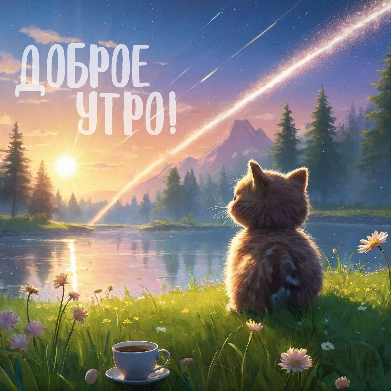 Утро, пушистый котёнок на траве у озера с цветами и чашкой