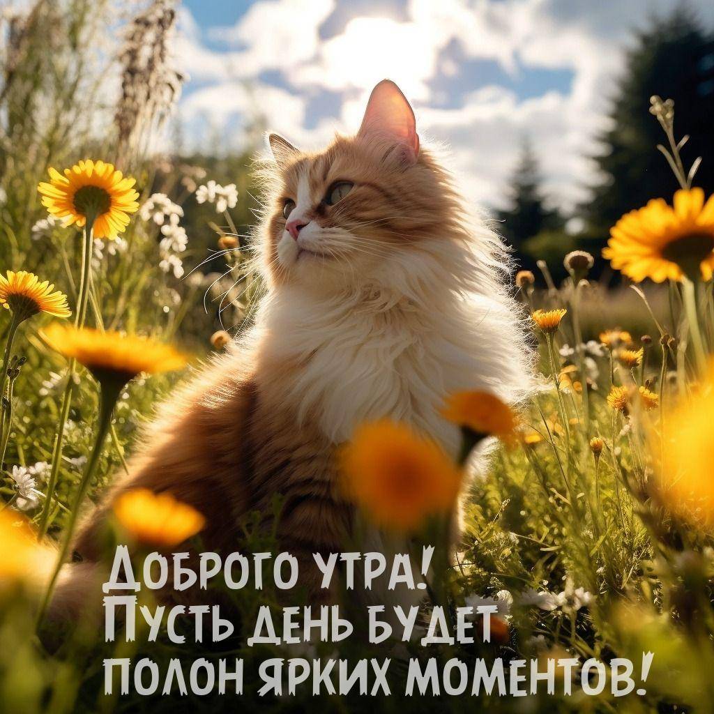Утро, пушистый рыжий кот среди полевых цветов