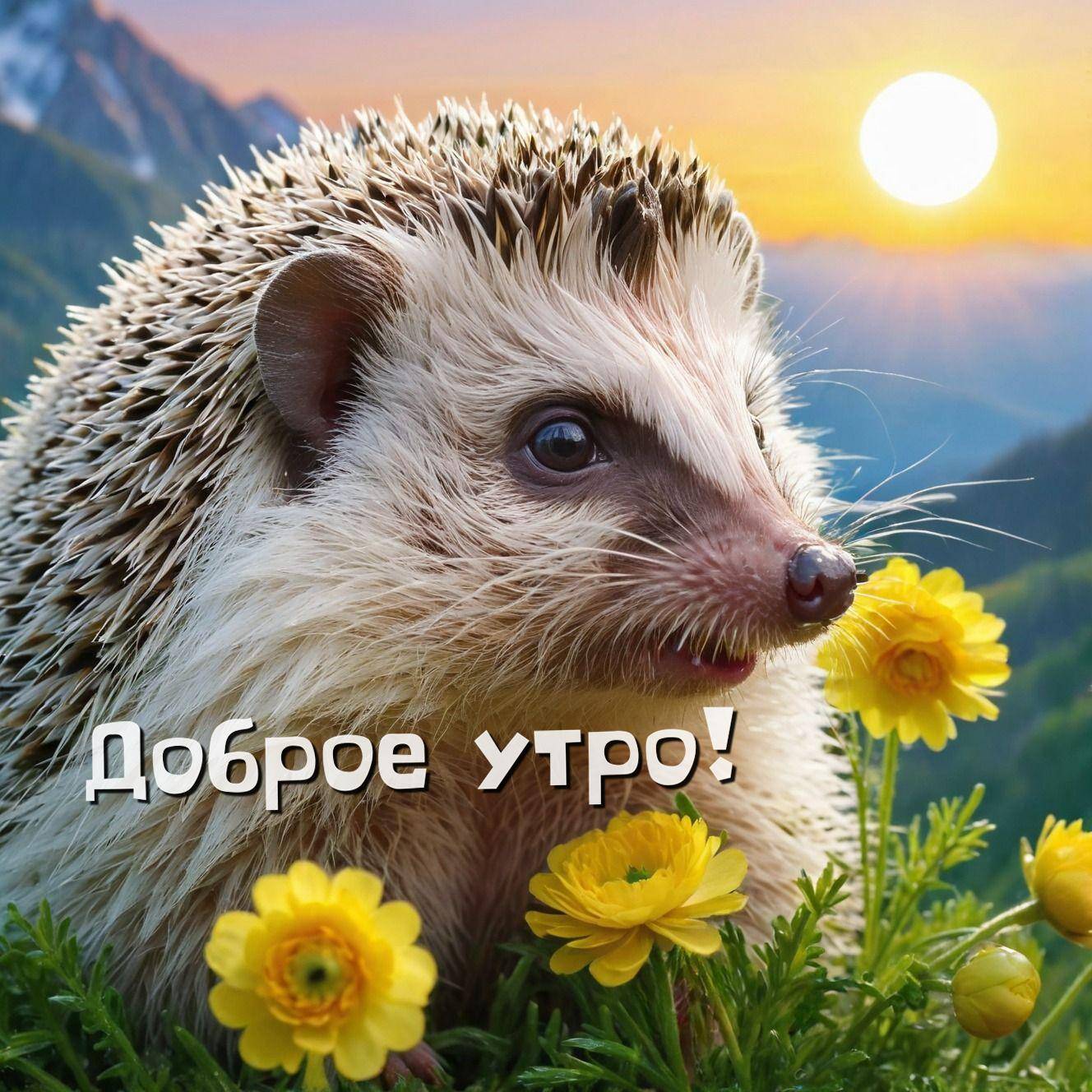 Утро, пушистый ёжик среди жёлтых цветов на фоне гор