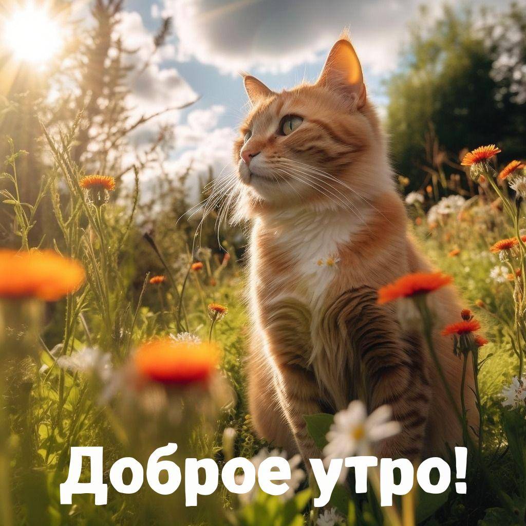 Утро, рыжий кот на полянке среди цветов