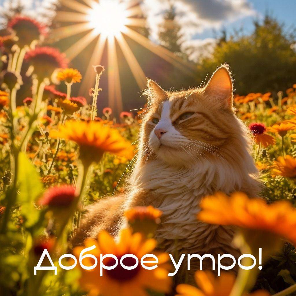 Утро, рыжий кот сидит среди ярких цветов в поле