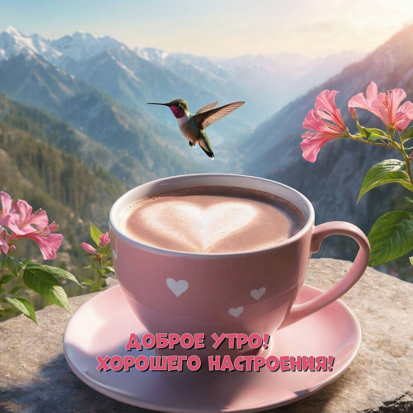 Утро, розовая чашка с напитком, колибри, цветы и горы