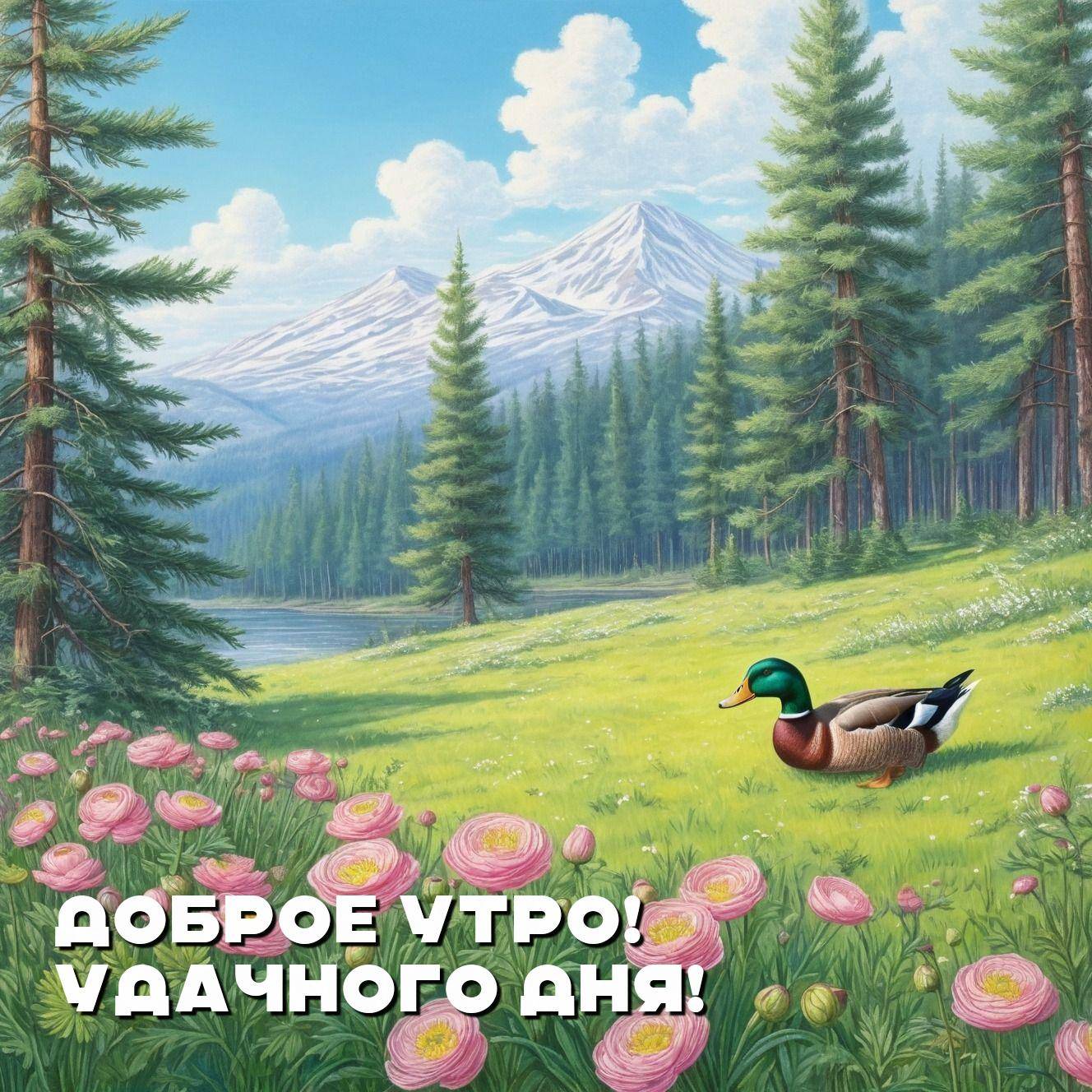 Утро, розовые цветы на лужайке, утка, сосны, горы, облака
