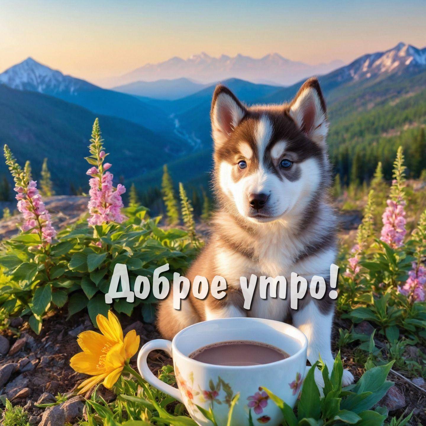 Утро, щенок хаски среди растений с чашкой на фоне гор