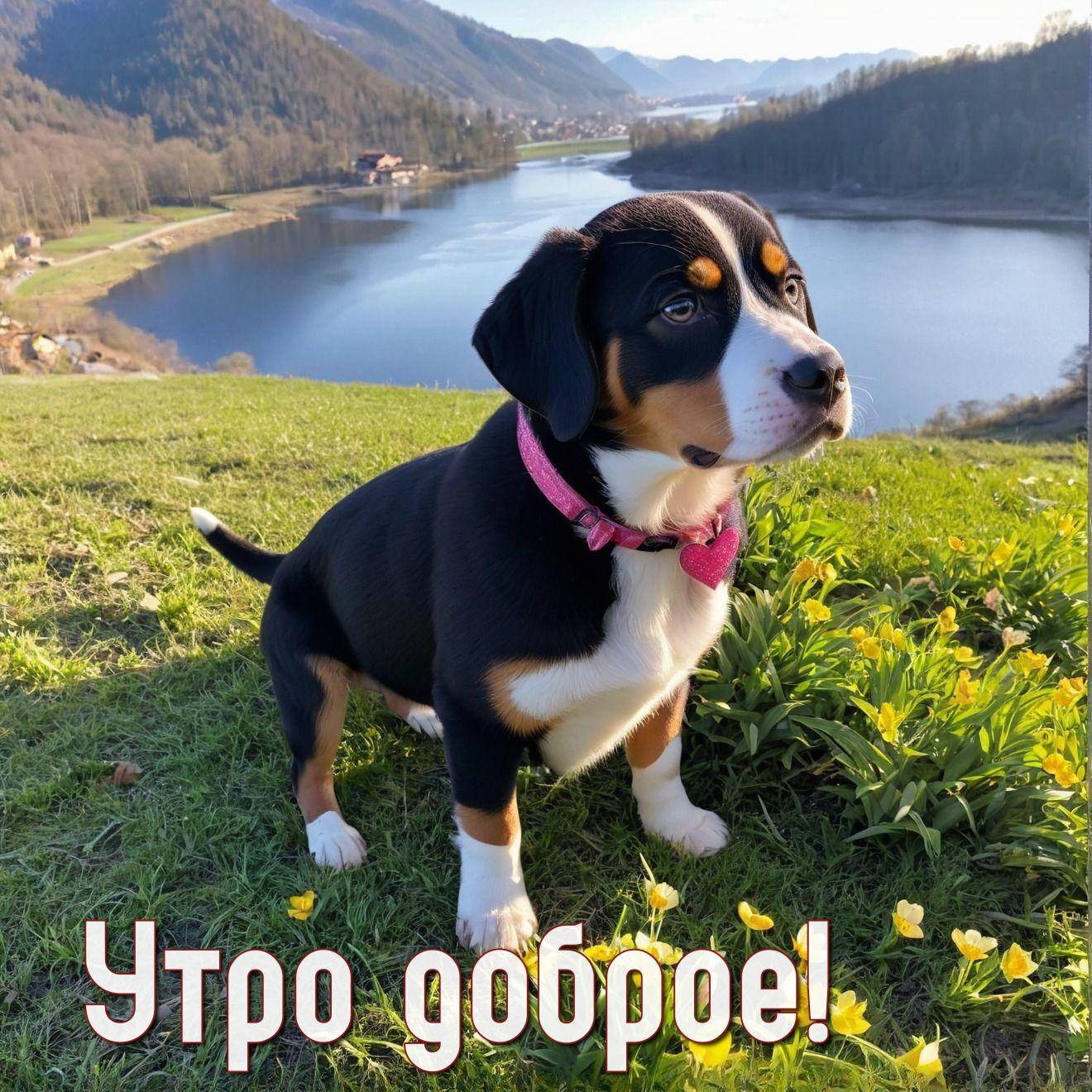 Утро, щенок на траве с цветами