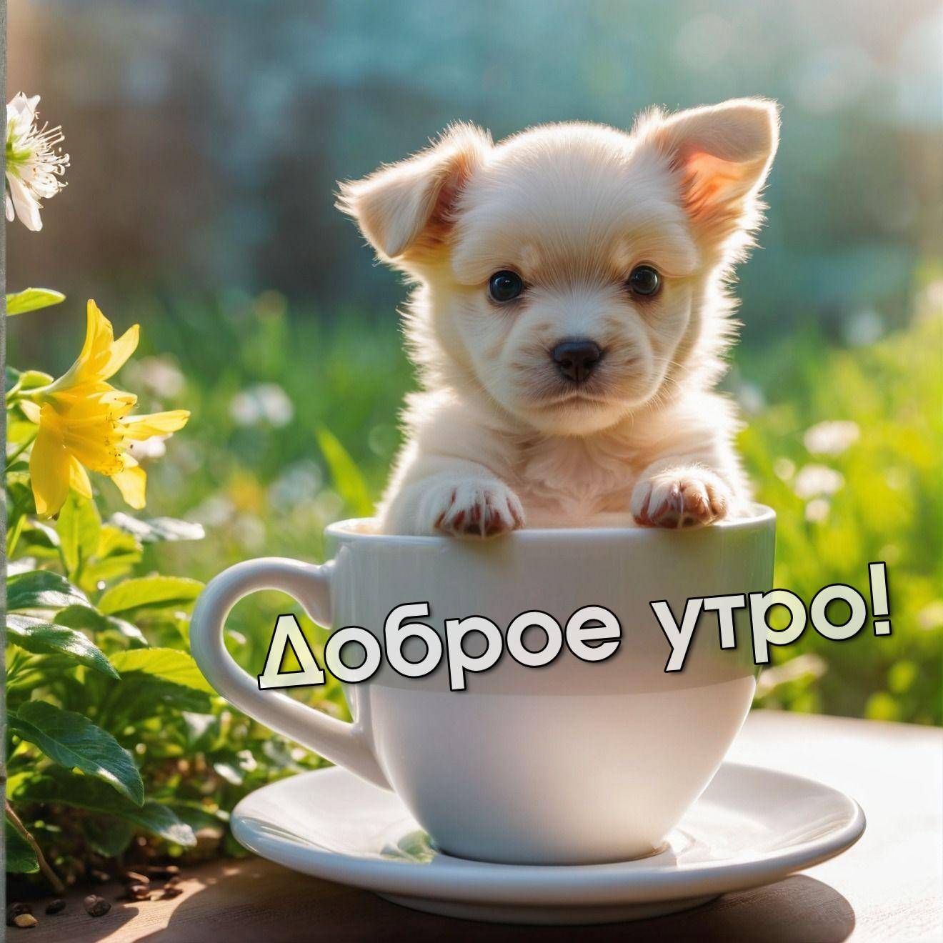 Утро, щенок в белой кружке на фоне растений