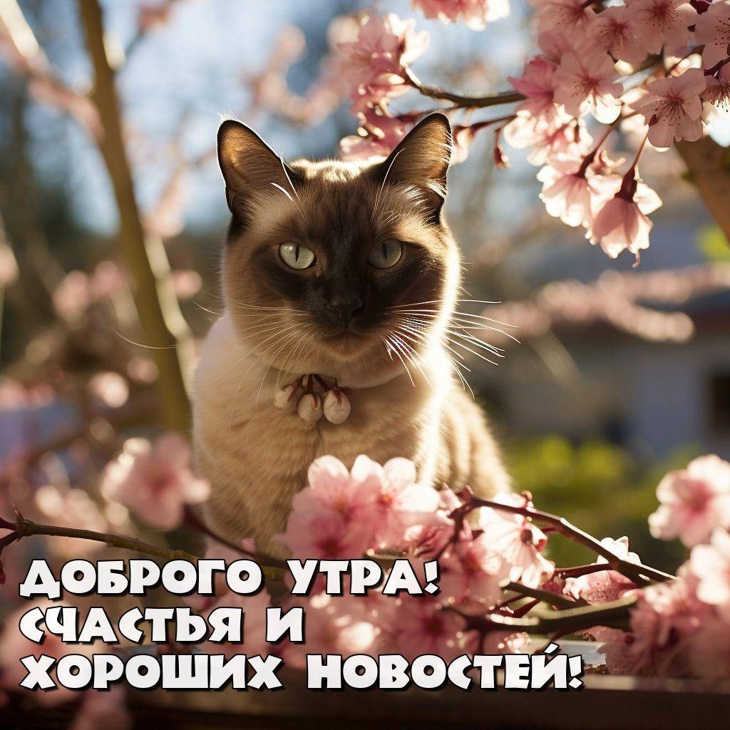 Утро, сиамская кошка среди веток сакуры