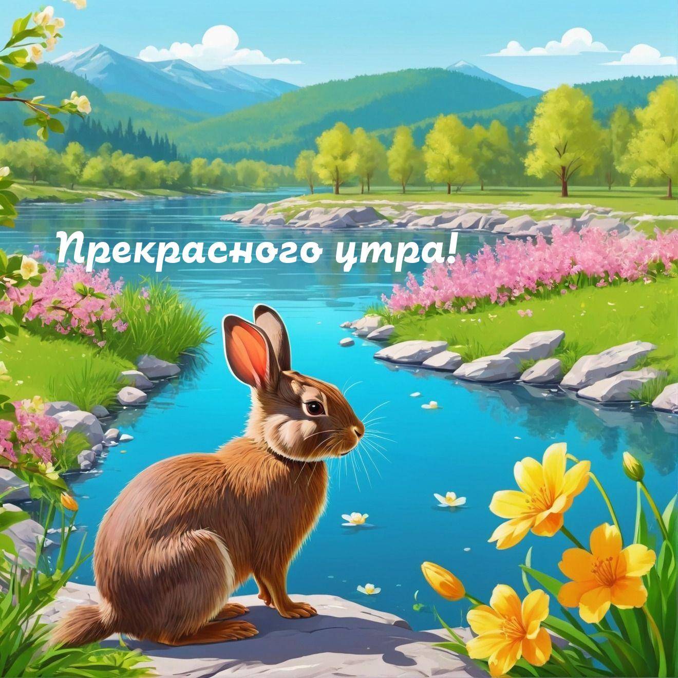 Утро, симпатичный кролик на камне возле реки, цветы, трава