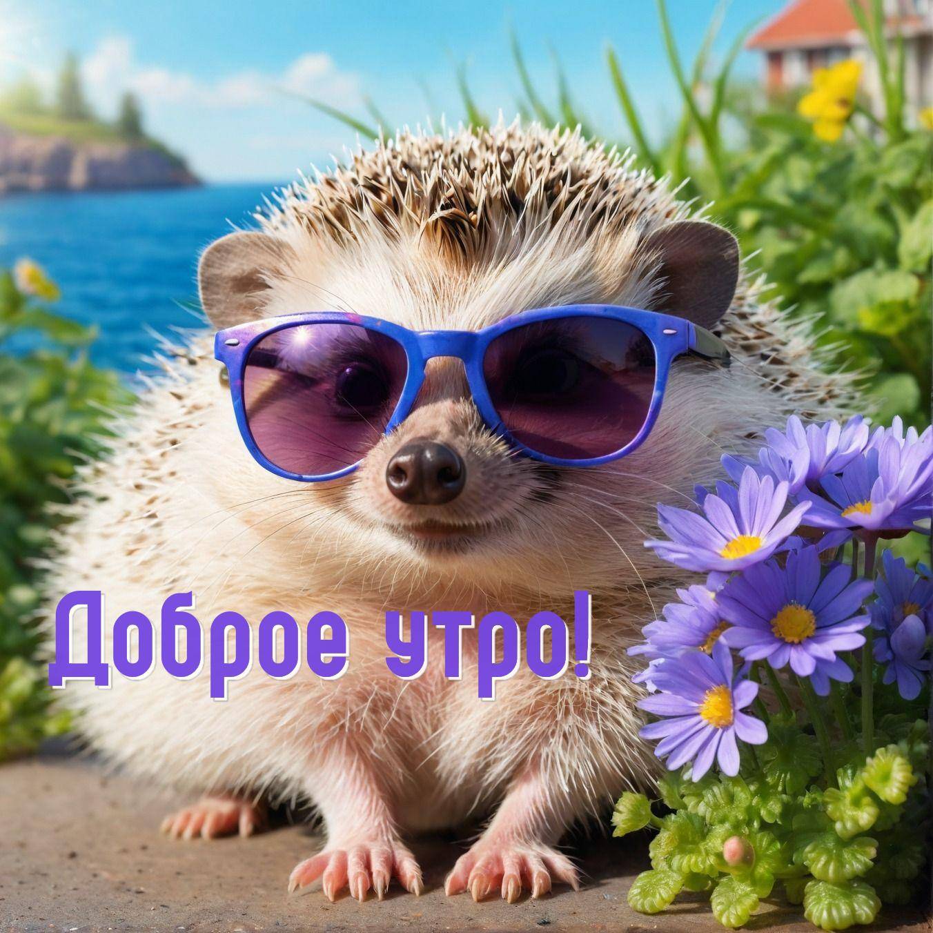 Утро, симпатичный ёжик в голубых очках рядом с цветами на фоне дня