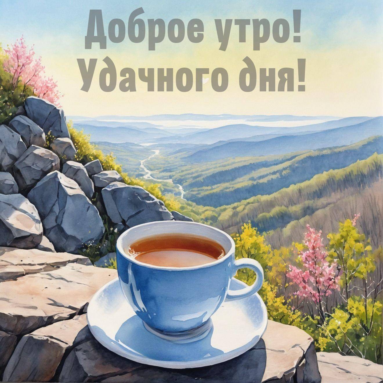 Утро, синяя чашка чая на камне перед горами и долиной