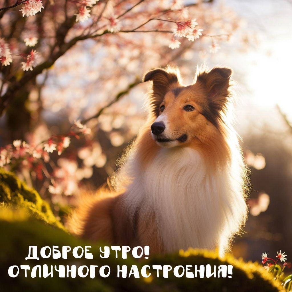 Утро, собака колли на фоне цветущего дерева