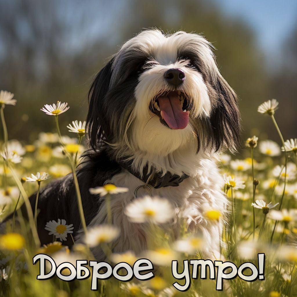Утро, собака с черно-белой шерстью, сидящая на цветочном поле