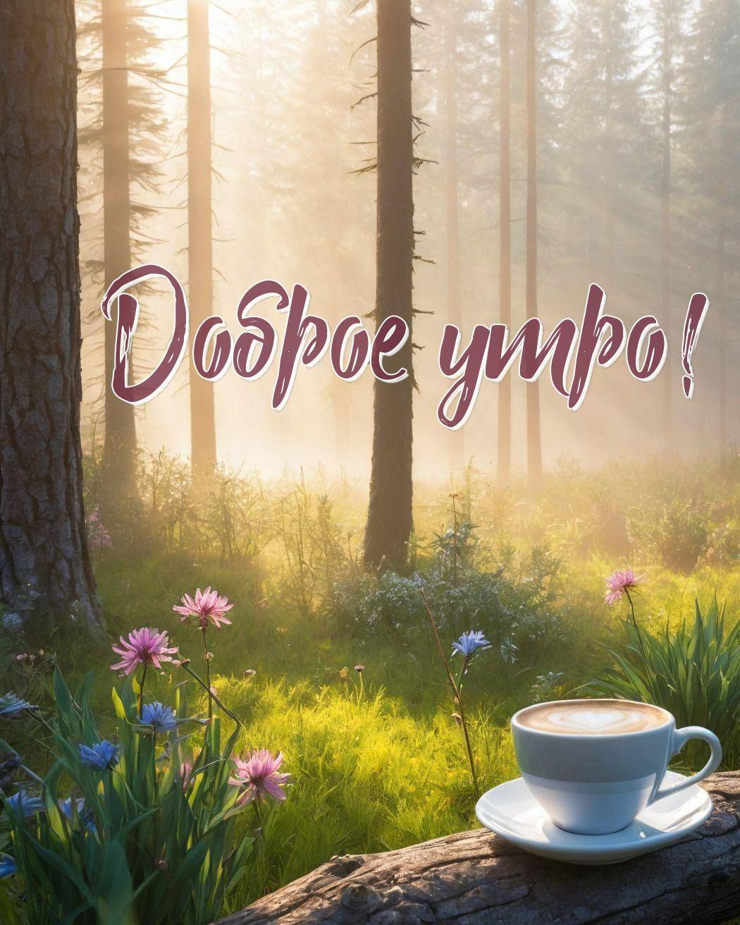 Утро, солнечный лесной пейзаж с цветами и чашкой кофе