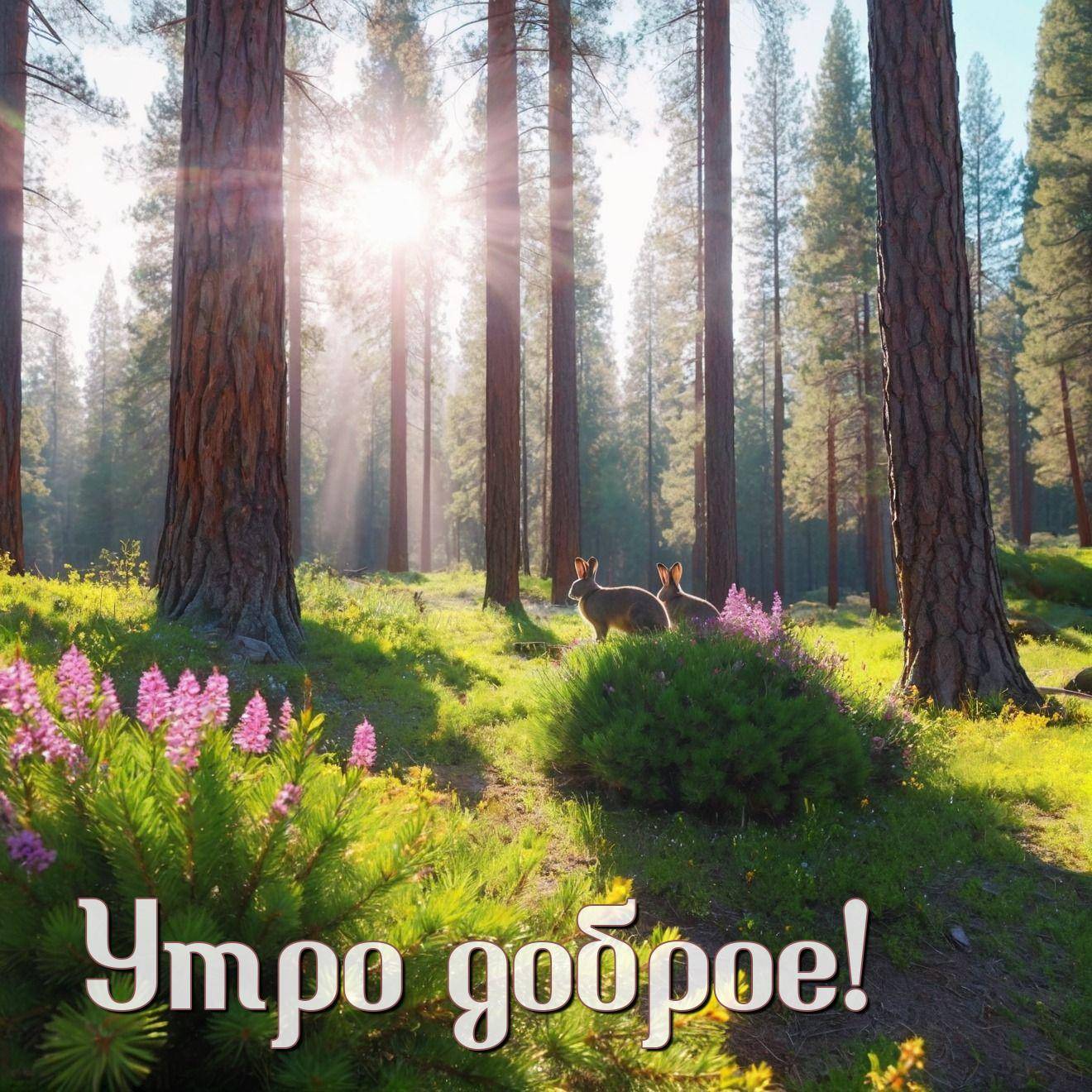 Утро, солнечный лесной пейзаж с зайцами среди зелени