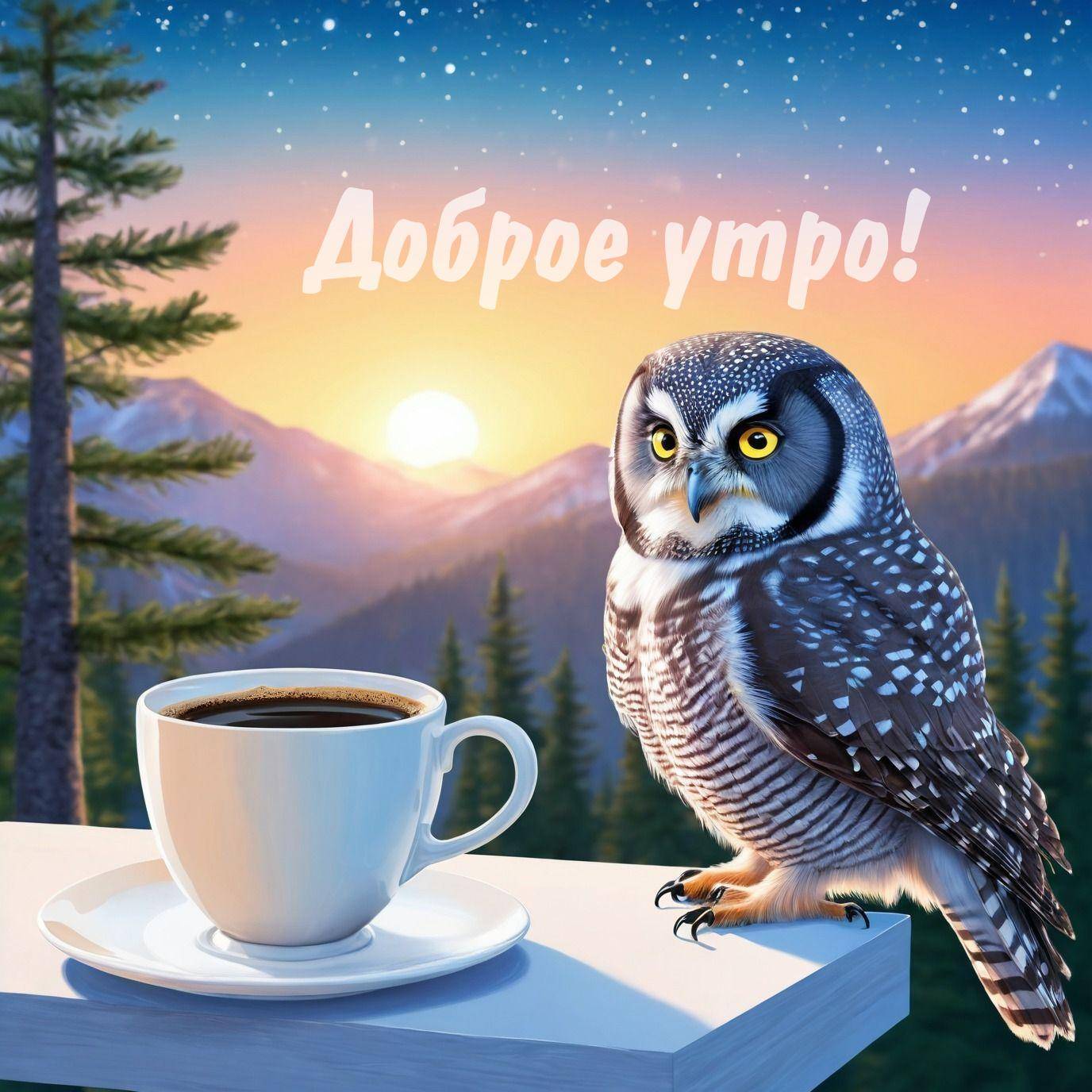 Утро, сова рядом с чашкой кофе на фоне горного пейзажа
