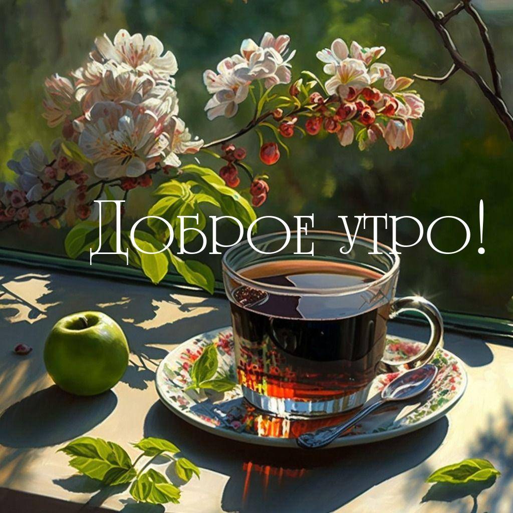 Утро, стеклянный стакан с чаем на блюдце с цветочным узором.