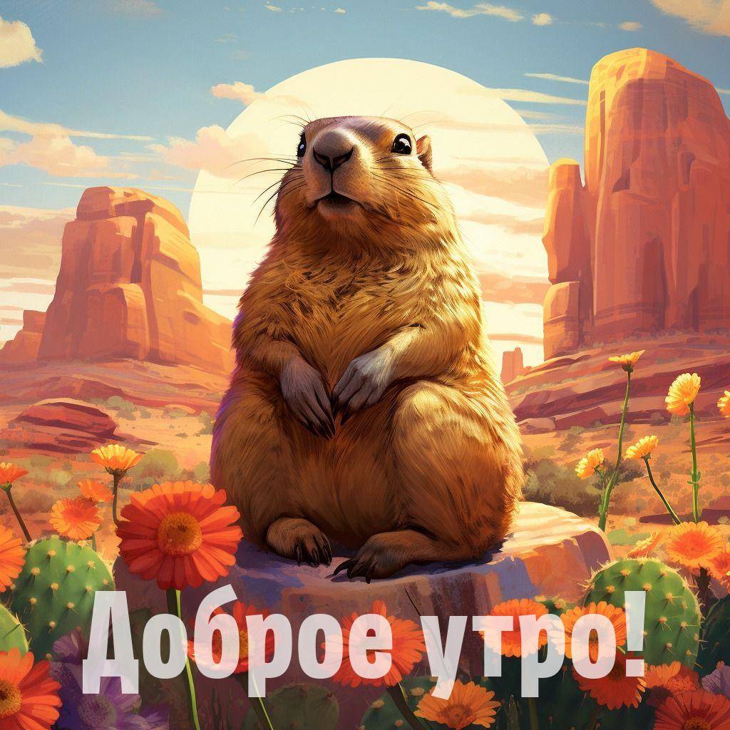 Утро, сурок сидит на камне перед скалами и кактусами.