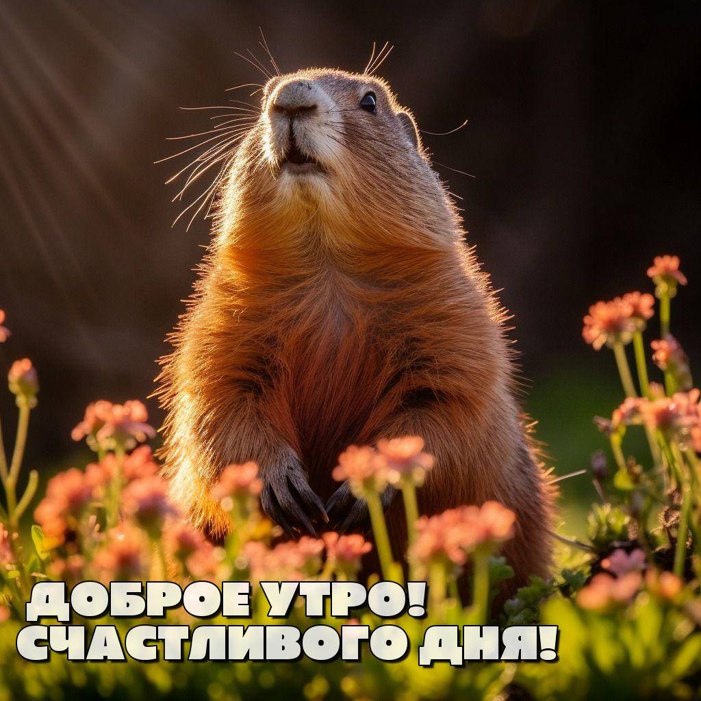 Утро, сурок среди цветов с подсветкой сзади
