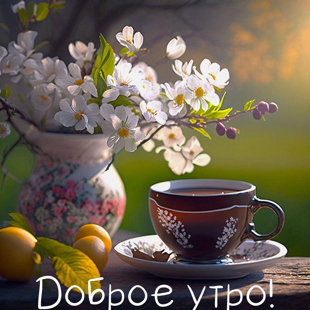 Утро, цветы в вазе и чашка с напитком