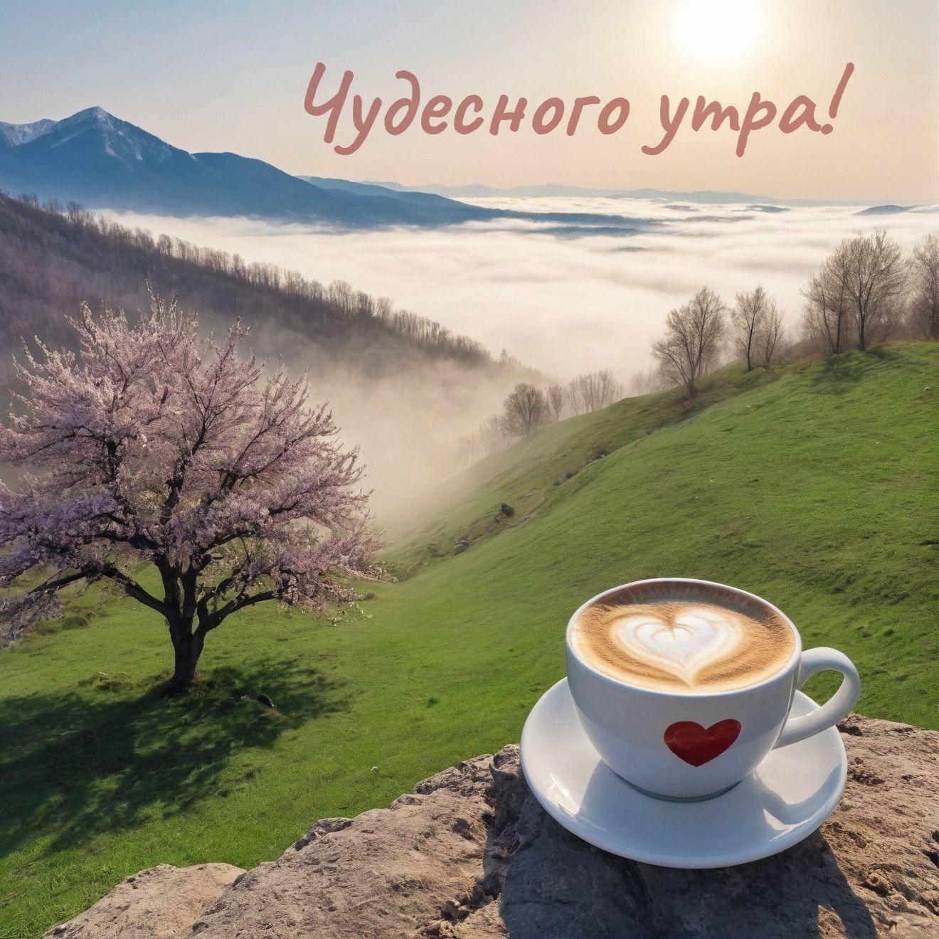 Утро, цветущая вишня на холме и чашка капучино
