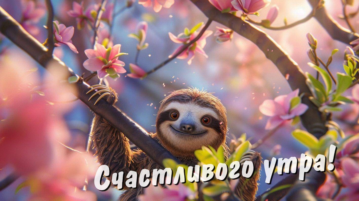 Утро, улыбающийся ленивец на ветке среди цветущих розовых цветов