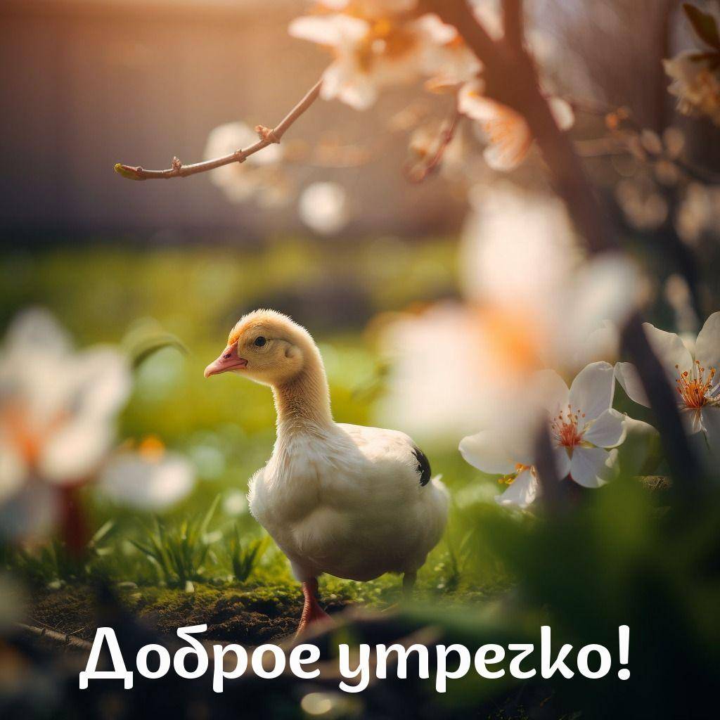 Утро, утенок на траве среди цветов сакуры