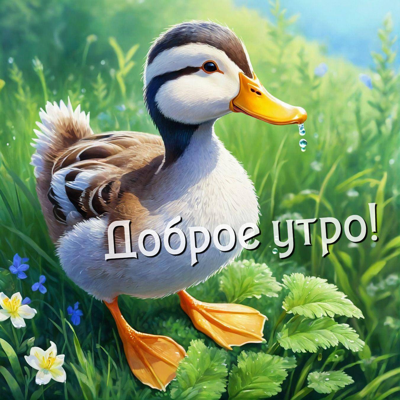 Утро, утка на фоне зелёной травы и цветов