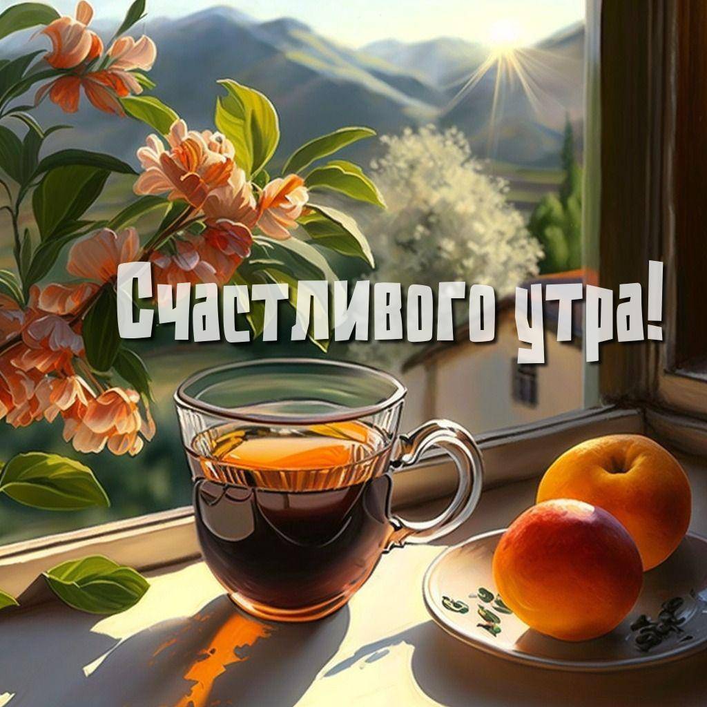 Утро, утро на подоконнике с чаем и персиками