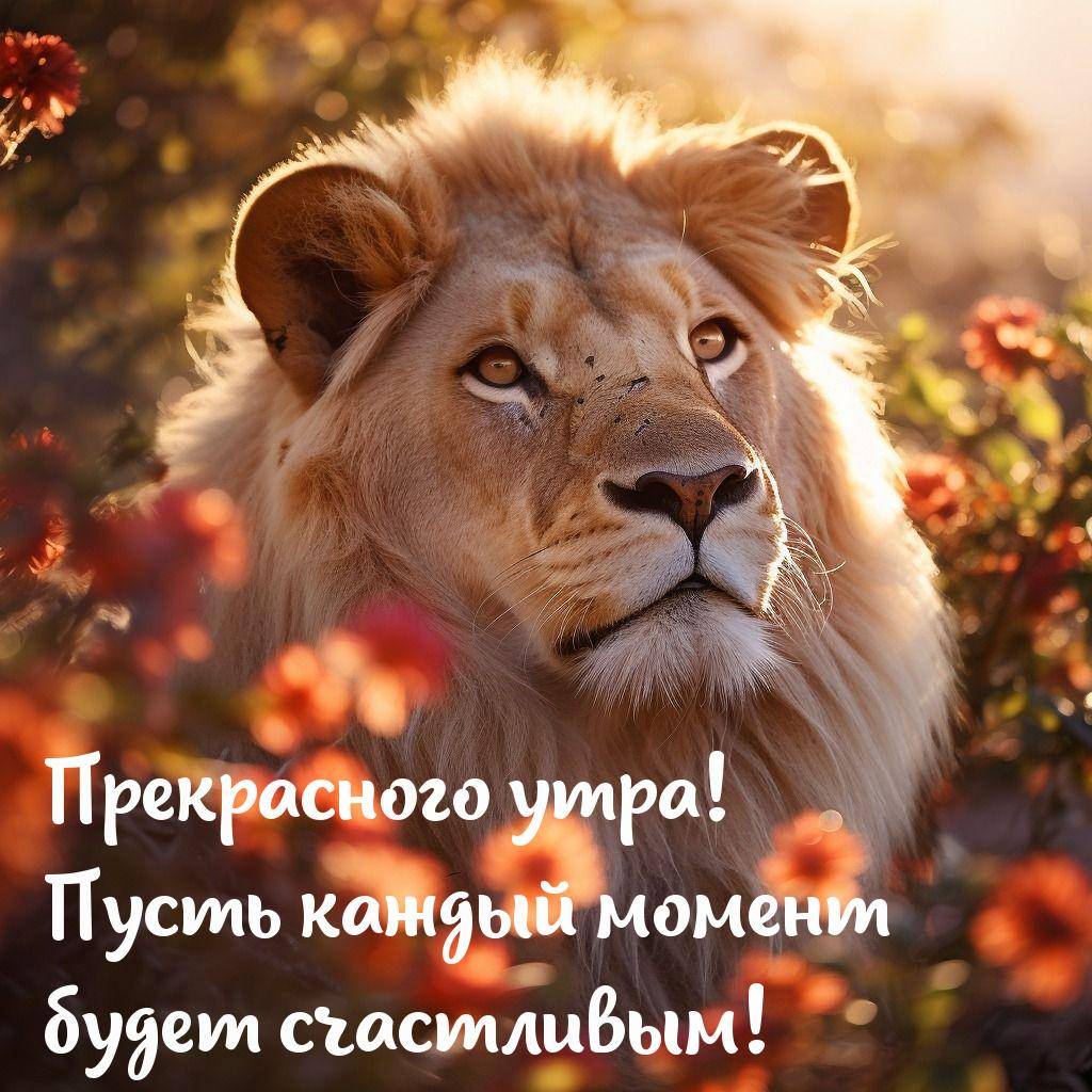 Утро, величественный лев среди природы, освещенной солнечным светом