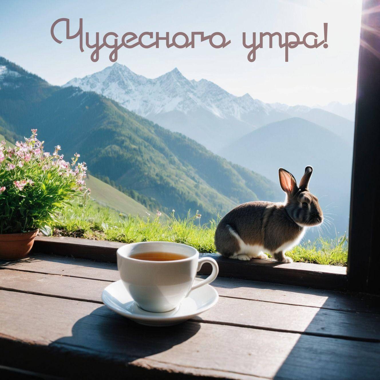Утро, вид из окна на горы с чаем и кроликом