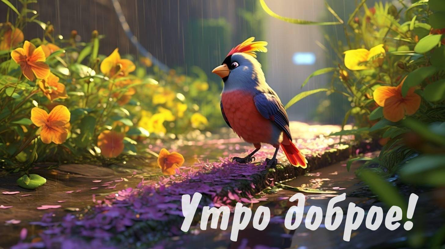 Утро, яркая мультяшная птица с красным, синим и оранжевым оперением