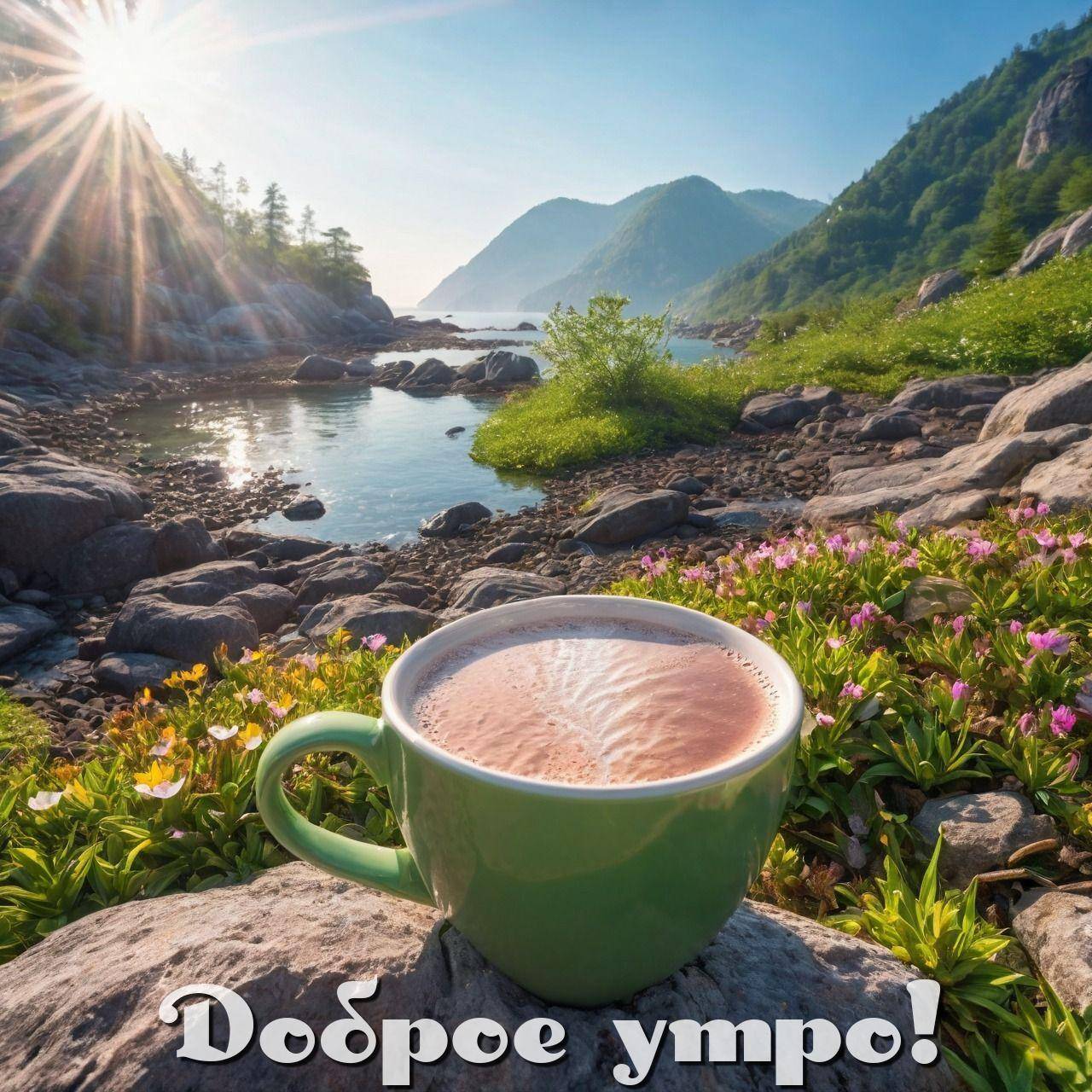 Утро, зеленая кружка с горячим напитком на камне, цветы и водоем