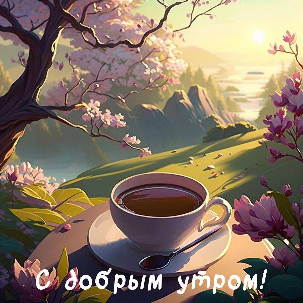 Утро, живописный пейзаж с чашкой кофе, цветами и зелеными холмами