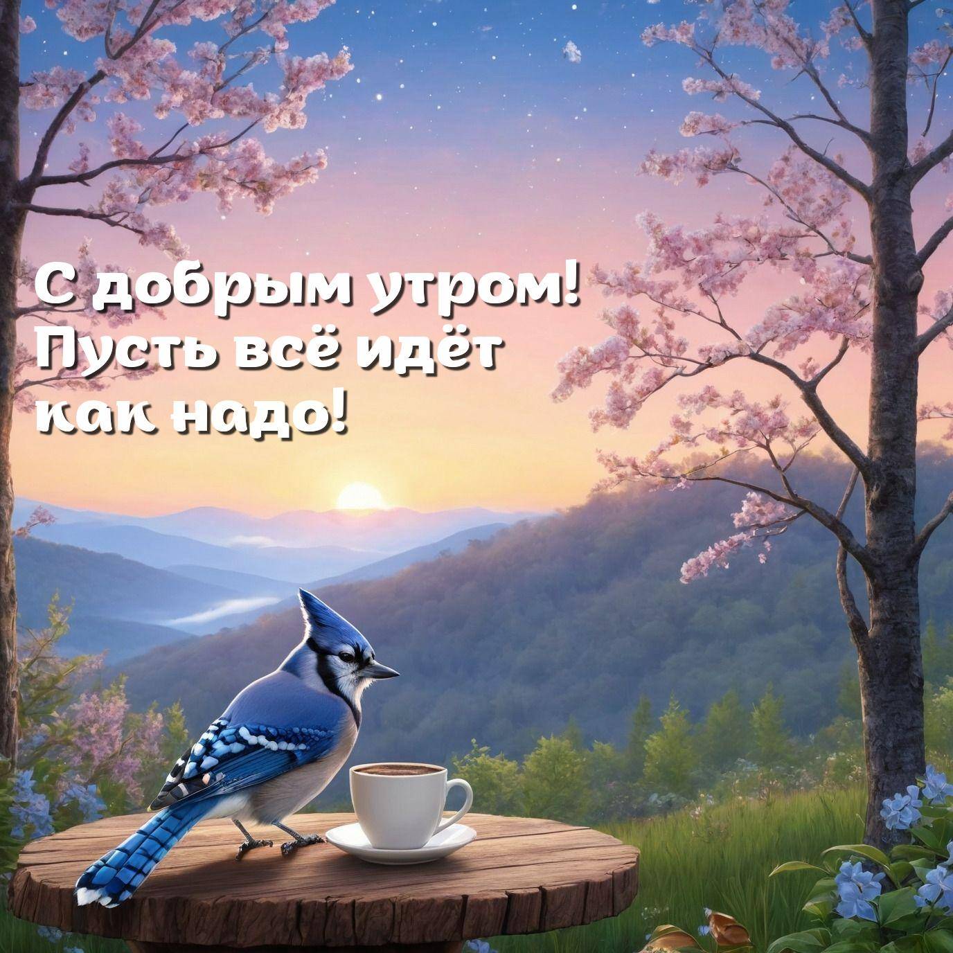 Утро, живописный пейзаж с голубой сойкой и чашкой кофе