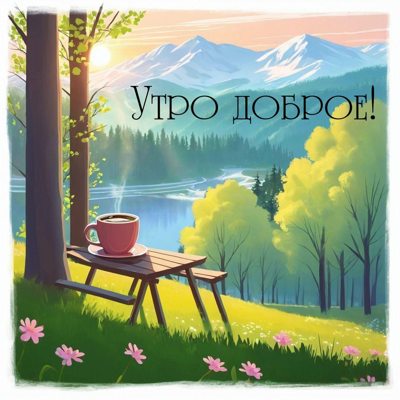 Утро, живописный пейзаж с горным ландшафтом