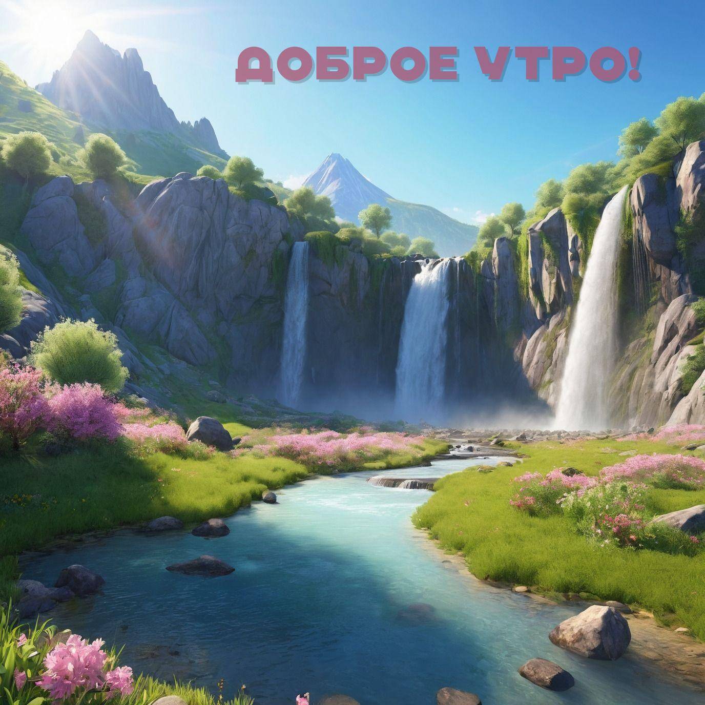 Утро, живописный пейзаж с горным водопадом и цветами