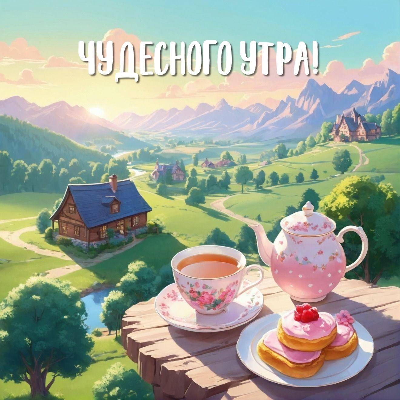 Утро, живописный пейзаж с кофейной чашкой и пирожными