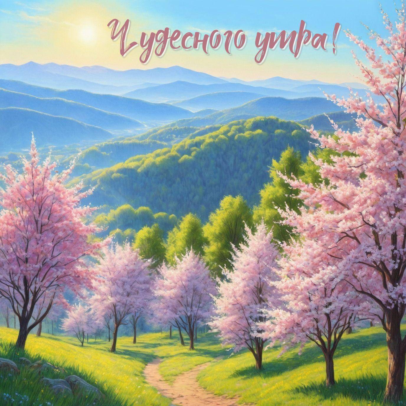 Утро, живописный пейзаж с цветущими сакурами вдоль тропинки