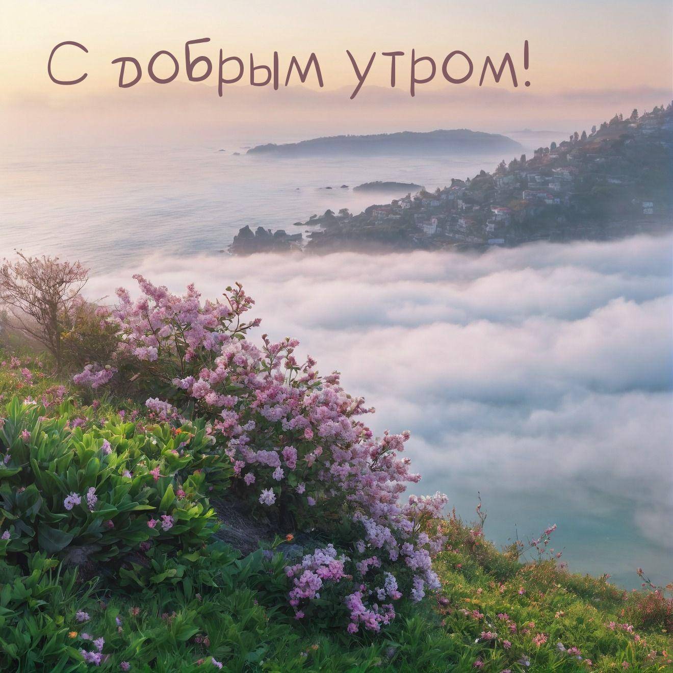 Утро, живописное место с морем, кустами, цветами и горами