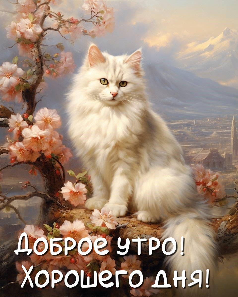 Утро, белая кошка на ветке дерева с цветами